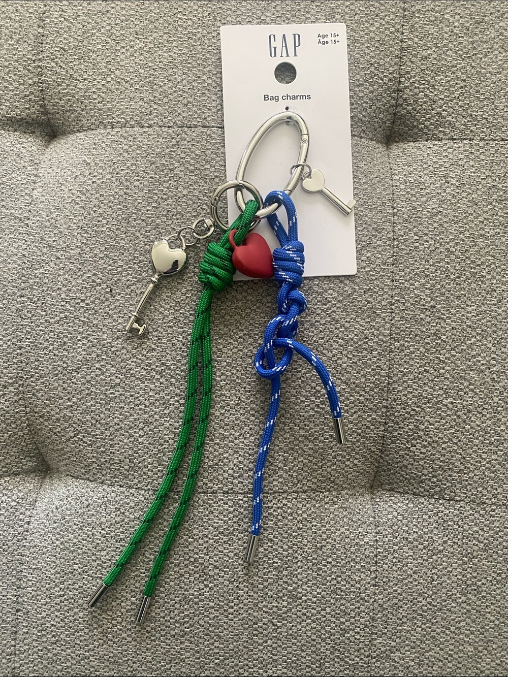 GAP Blue & Green Rope Keychain with Red Heart Charm BNWT